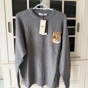 Gray Crewneck Sweater with Fox Patch